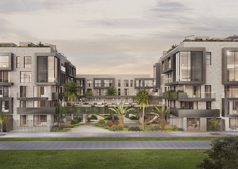 Renderizado arquitectónico del moderno complejo residencial de lujo XOParq de Malllorca. El diseño incluye fachadas de piedra clara, amplios ventanales y jardines.