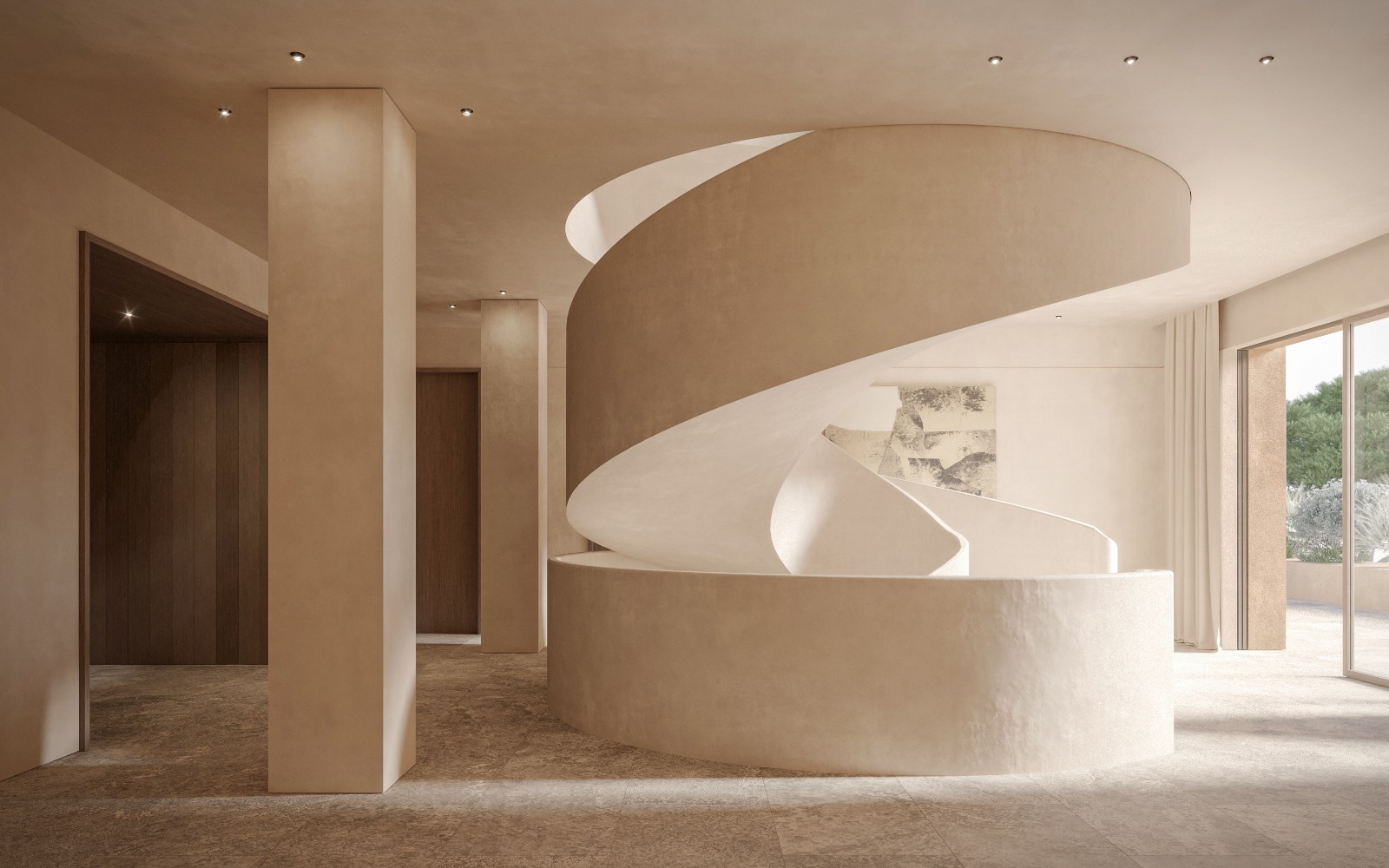 mejora: Interior de vivienda de lujo Kahn Llompart en Mallorca con escalera de caracol de diseño minimalista. La escalera color crema muestra una integración perfecta de texturas naturales y arquitectura contemporánea.