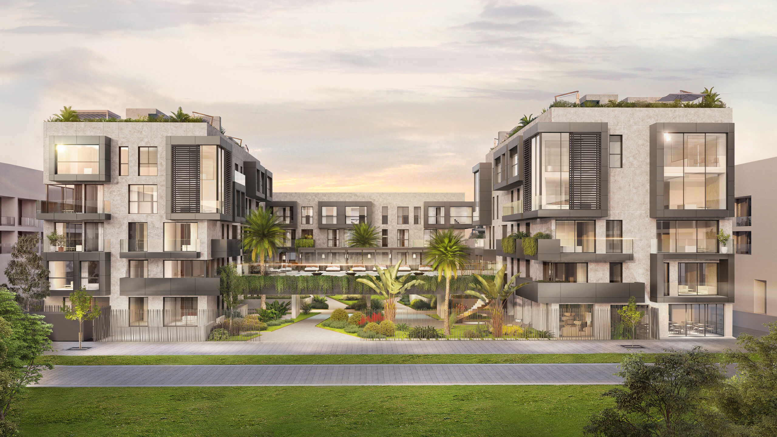 Renderizado arquitectónico del moderno complejo residencial de lujo XOParq de Malllorca. El diseño incluye fachadas de piedra clara, amplios ventanales y jardines.