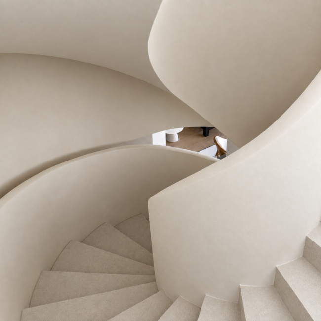 Escalera helicoidal de diseño en el proyecto Kahn Llompart, Mallorca, OCN