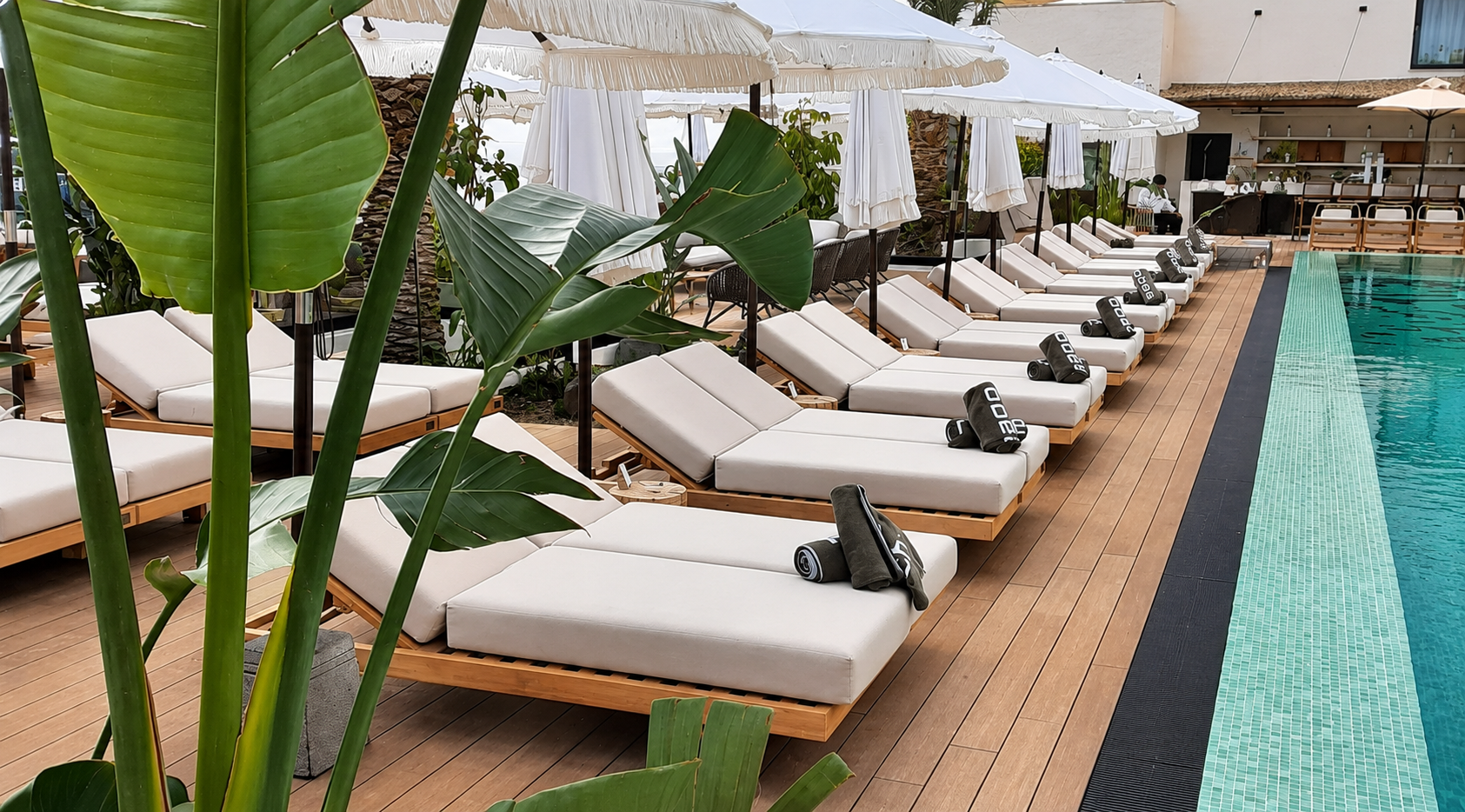 Zona de piscina con hamacas y sombrillas en el hotel Puro Beach, proyecto de OCN