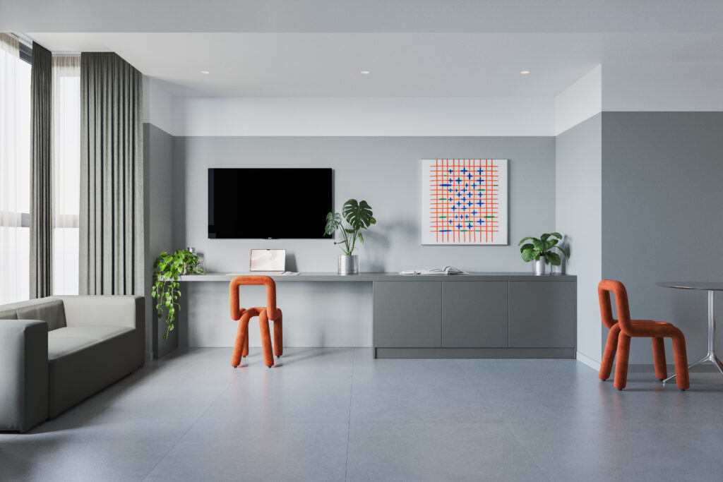 Salón con mobiliario de diseño del proyecto Finestrat en Ruzafa, Valencia, OCN