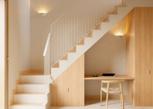 Zona común de un edificio de coliving con cocina compartida y coworking